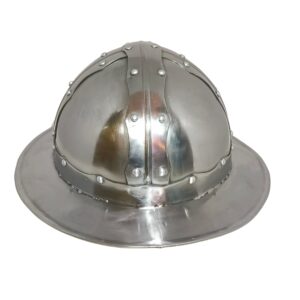 This is a handcrafted replica of the classic 16th–17th century Morion helmet, famously worn by European infantry soldiers and Spanish conquistadors. Made of polished steel with reinforced riveted bands, it features a wide brim for added protection against downward strikes. Lightweight yet durable, this helmet is perfect for historical reenactments, collections, or display.
