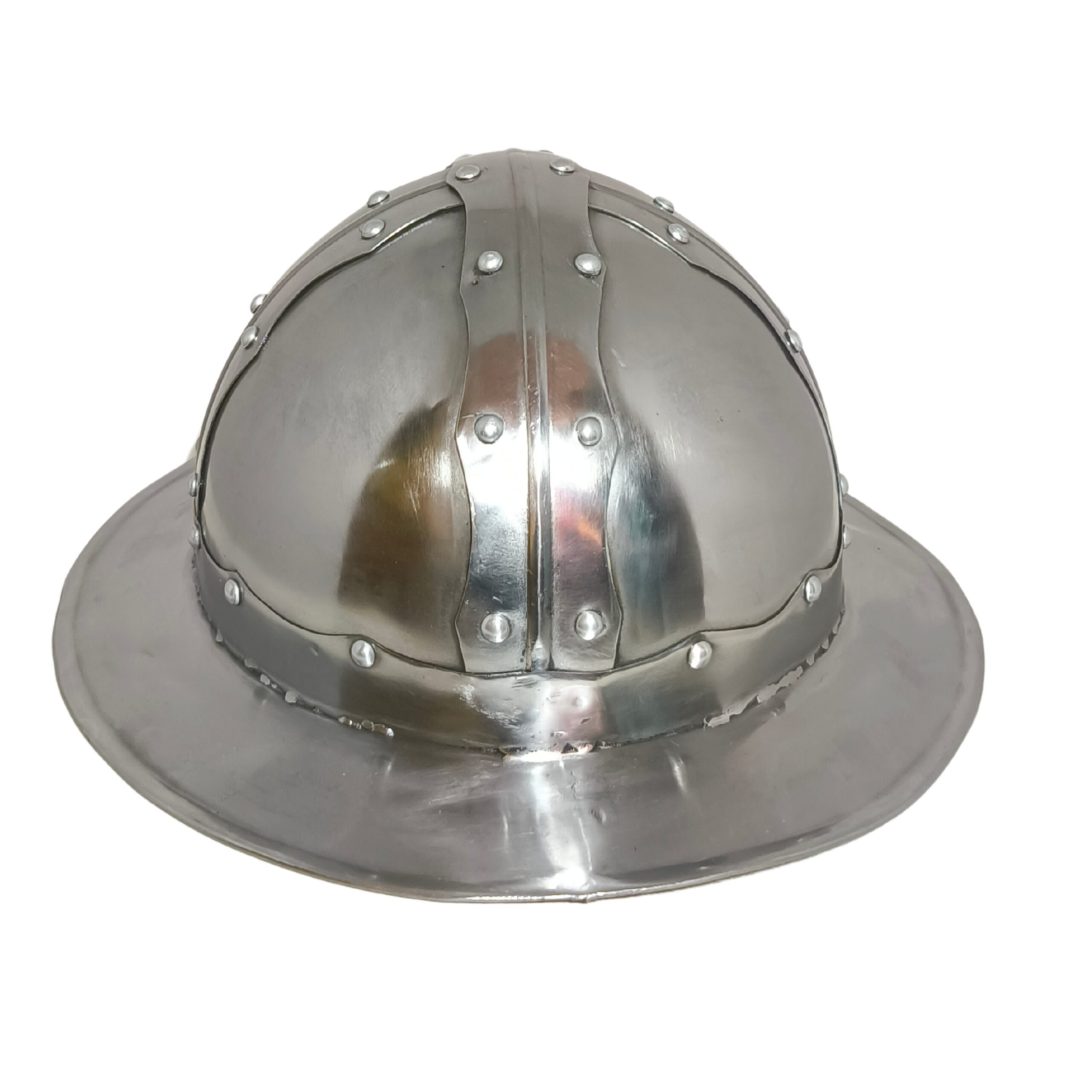 This is a handcrafted replica of the classic 16th–17th century Morion helmet, famously worn by European infantry soldiers and Spanish conquistadors. Made of polished steel with reinforced riveted bands, it features a wide brim for added protection against downward strikes. Lightweight yet durable, this helmet is perfect for historical reenactments, collections, or display.